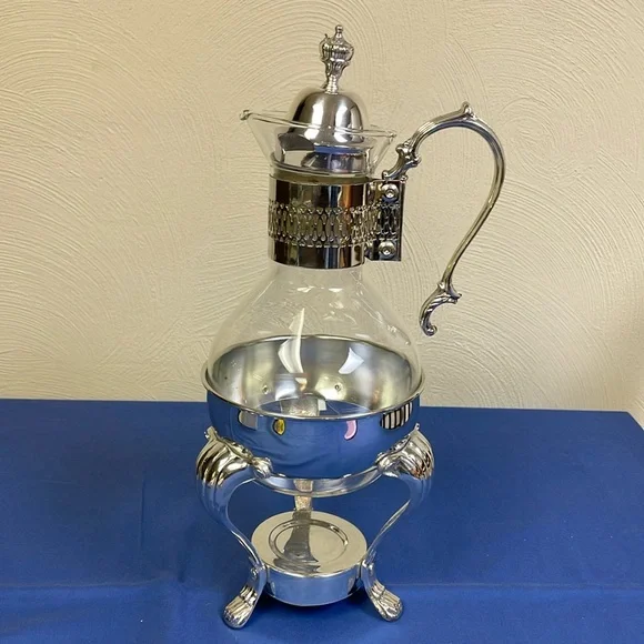 Vintage Kent Silversmith Glass Pitcher Carafe + Silver Pedestal Warmer Stand - Picture 2 of 13